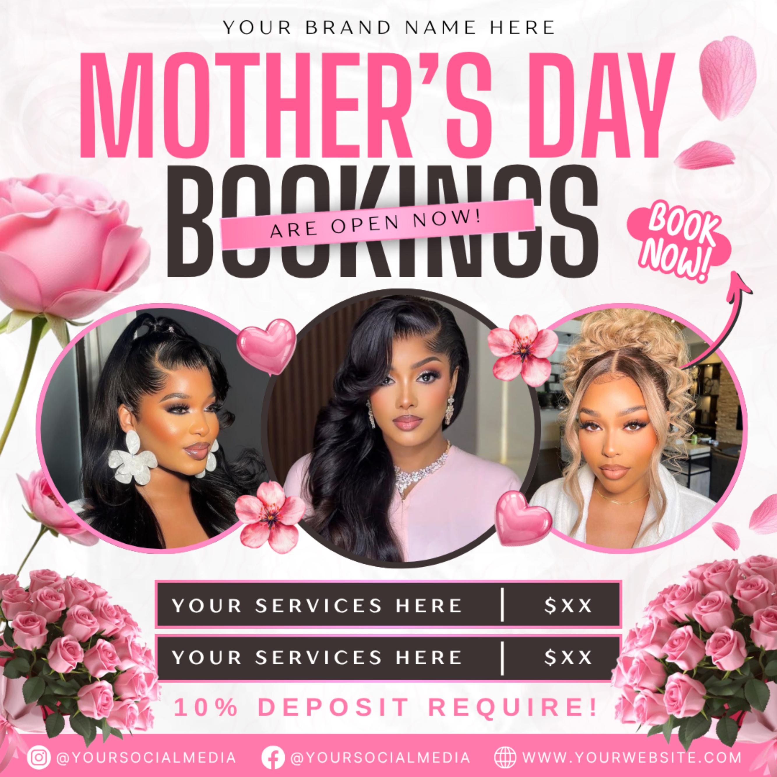 Mothers Day Booking Flyer, May Book Now Flyer, Mothers Day Special, May Appointments For Hair, Nails, Makeup, Lashes & Braids Canva Editable