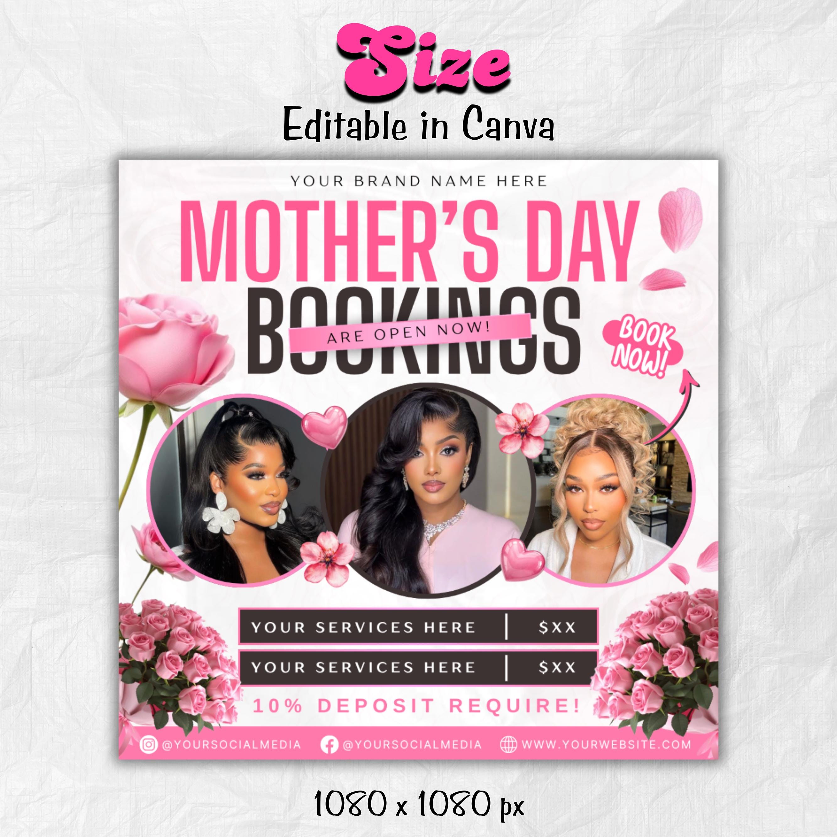 Mothers Day Booking Flyer, May Book Now Flyer, Mothers Day Special, May Appointments For Hair, Nails, Makeup, Lashes & Braids Canva Editable