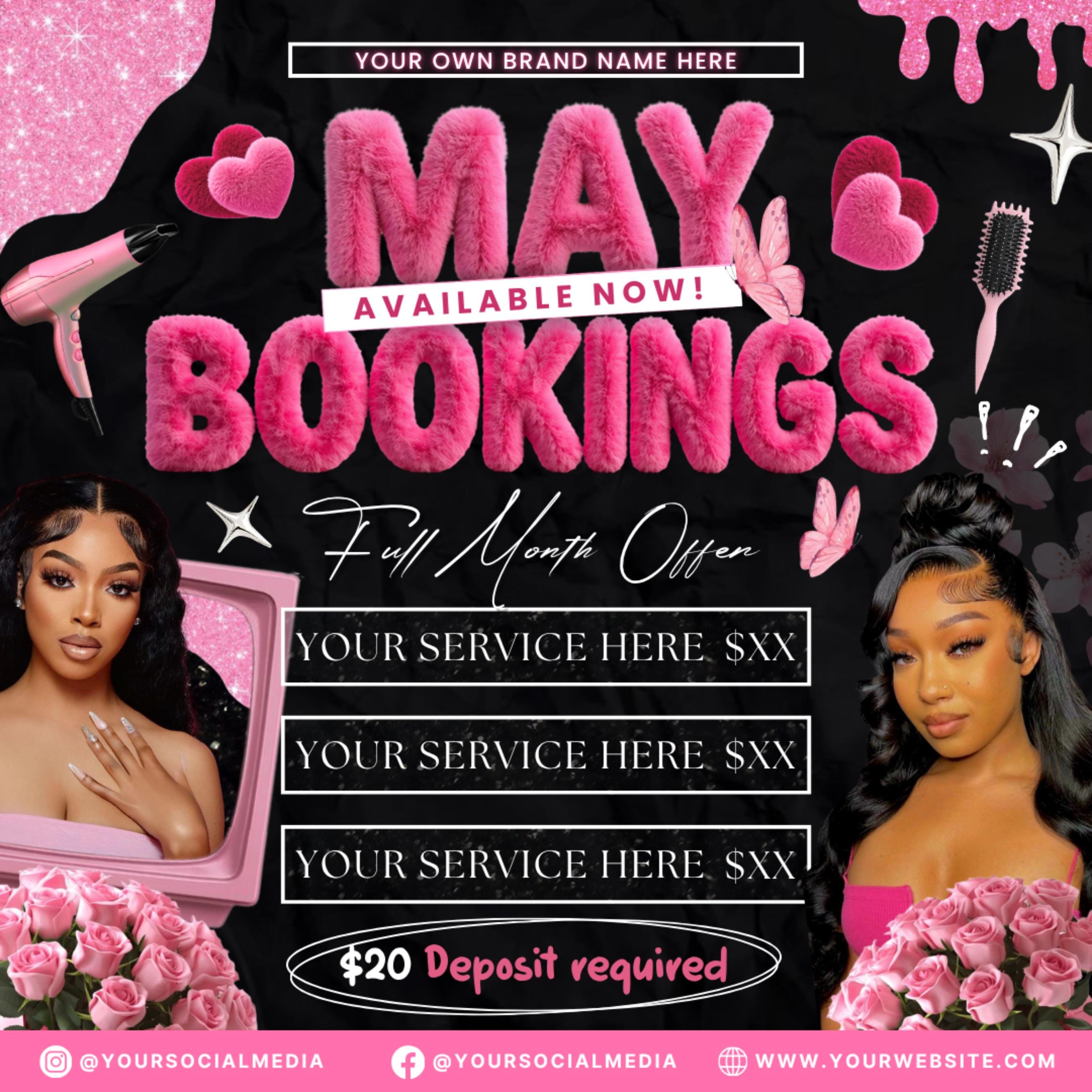 May Bookings Available Flyer, May Book Now Flyer, Mothers Day Special, May Appointments For Hair,Nails,Makeup,Lashes & Braids Canva Editable