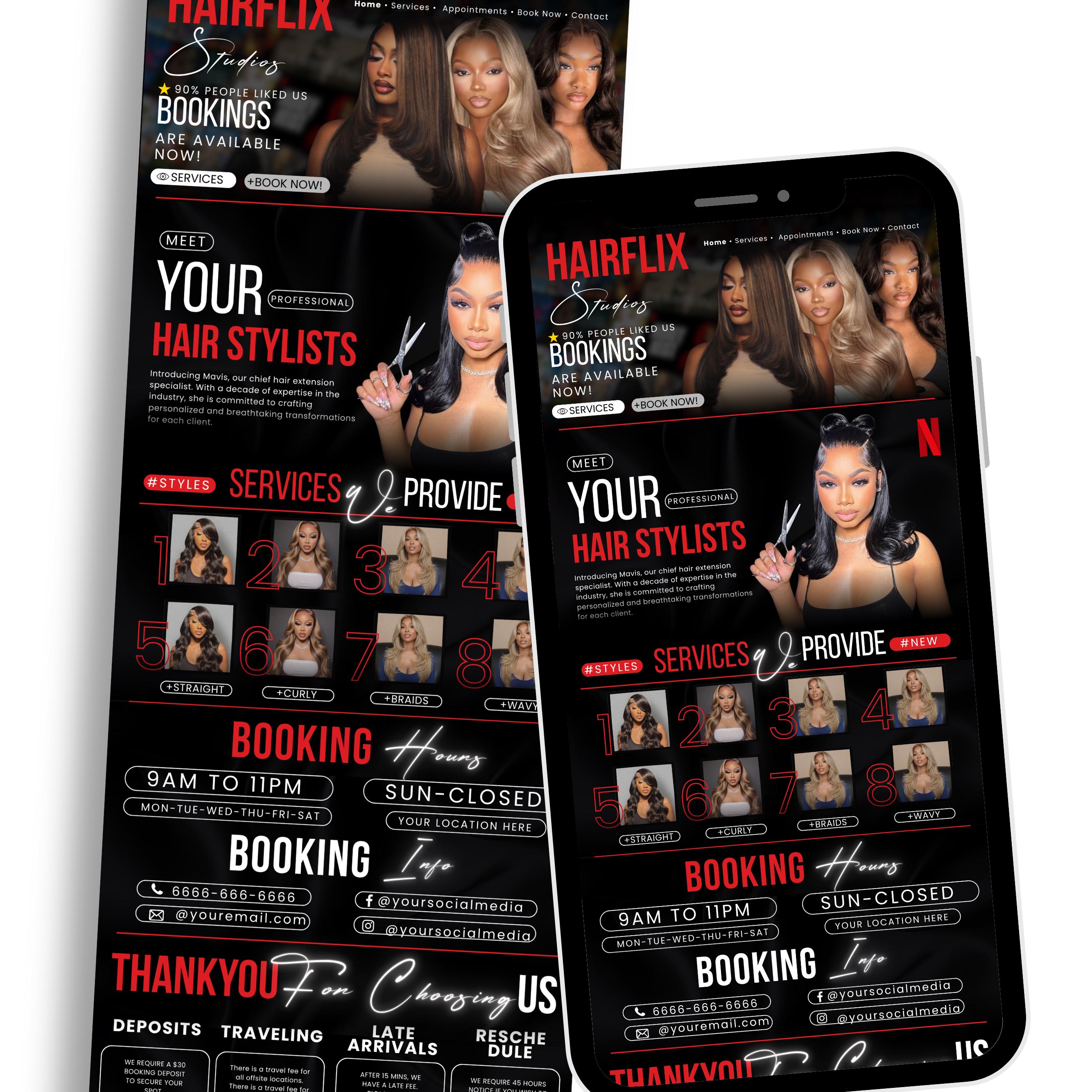Black and Red Hairflix Acuity Scheduling Template for Hair Stylists, Lash Techs and MUAs, Hairstylist Scheduling Website, DIY Booking Site