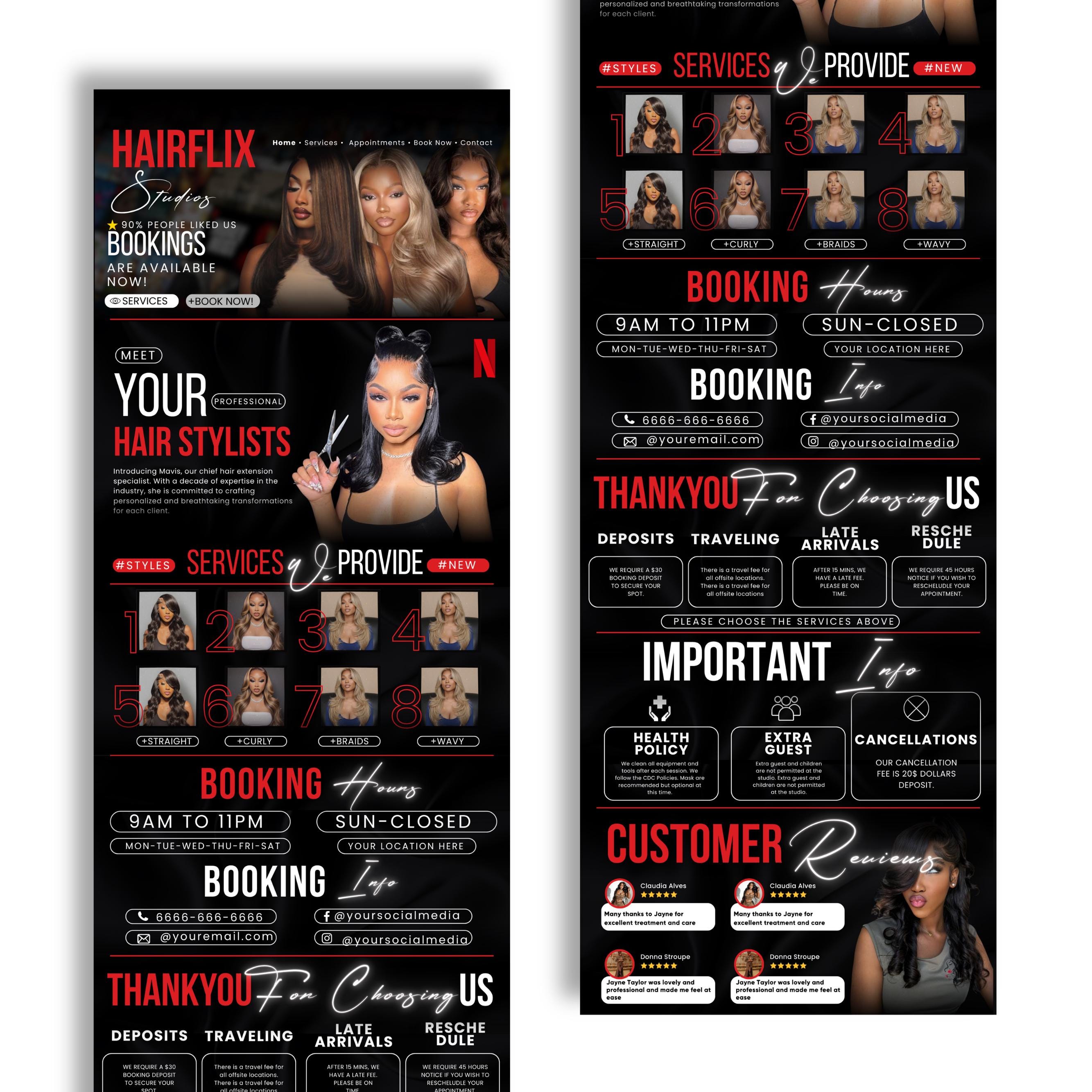 Black and Red Hairflix Acuity Scheduling Template for Hair Stylists, Lash Techs and MUAs, Hairstylist Scheduling Website, DIY Booking Site