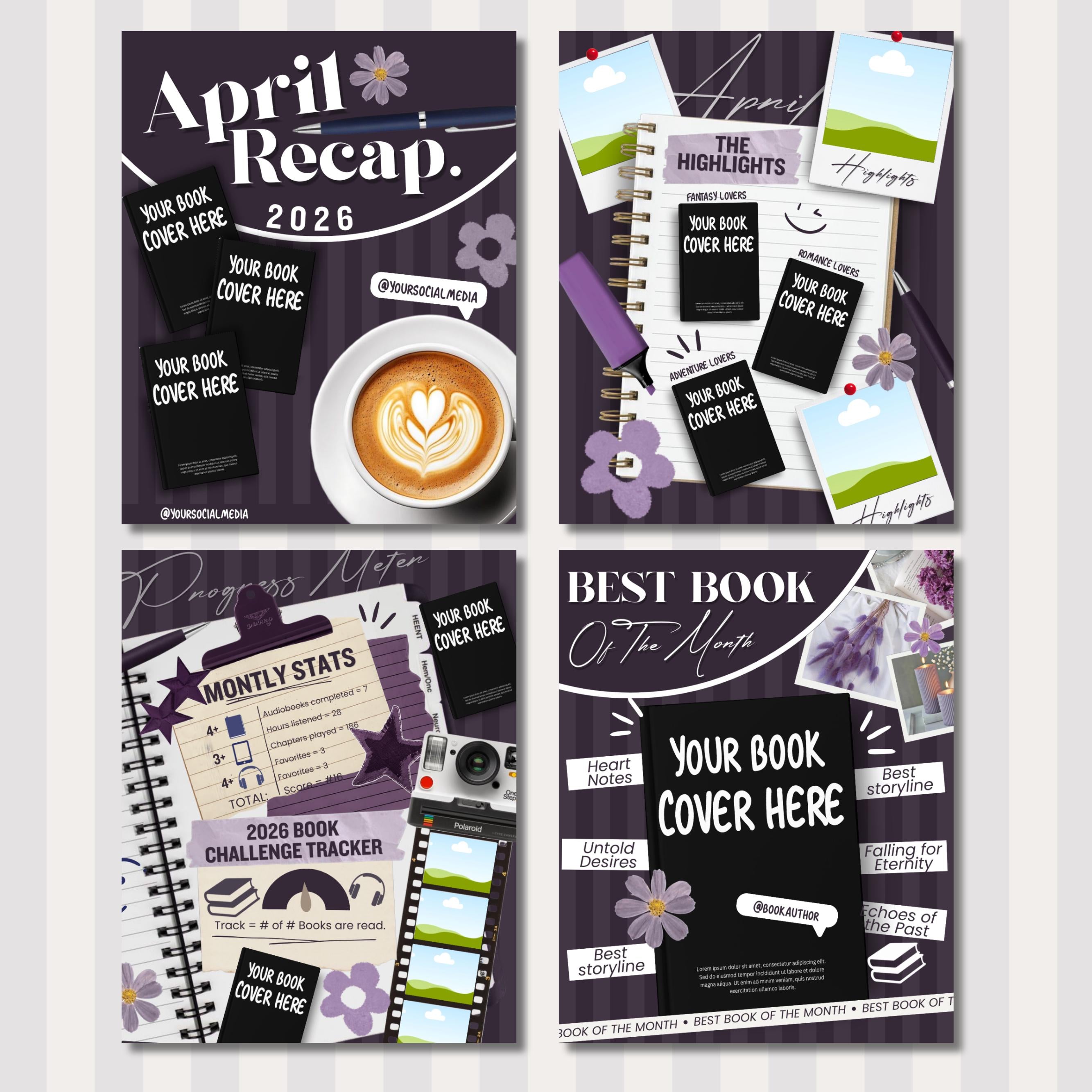 Bookstagram Monthly Reading Recap Templates, Book Review Instagram Posts, Cozy Post for Book Lovers, Authors & Bloggers Social Media Content