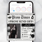 Newspaper Theme Prom Send Off Flyer For Queen, Prom Vote Flyer, Black & White Prom Send Off, Prom Campaign Flyer, Prom Event, Canva Editable
