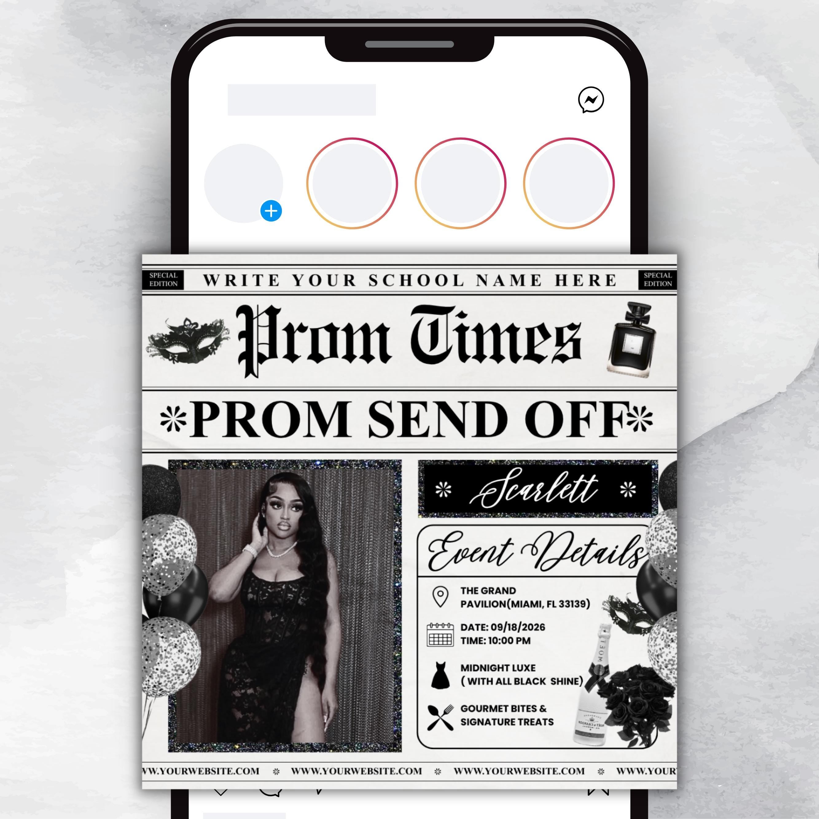 Newspaper Theme Prom Send Off Flyer For Queen, Prom Vote Flyer, Black & White Prom Send Off, Prom Campaign Flyer, Prom Event, Canva Editable