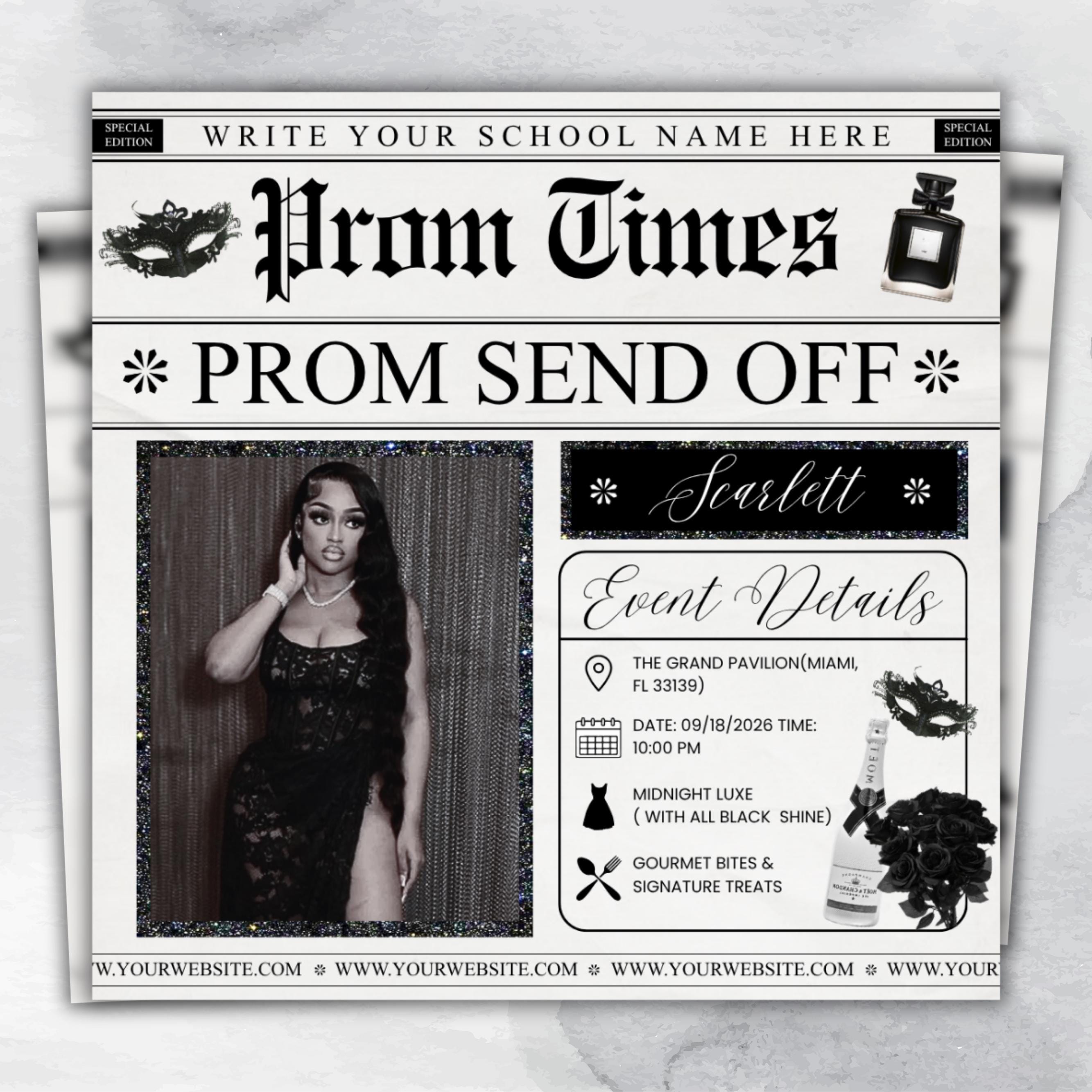 Newspaper Theme Prom Send Off Flyer For Queen, Prom Vote Flyer, Black & White Prom Send Off, Prom Campaign Flyer, Prom Event, Canva Editable