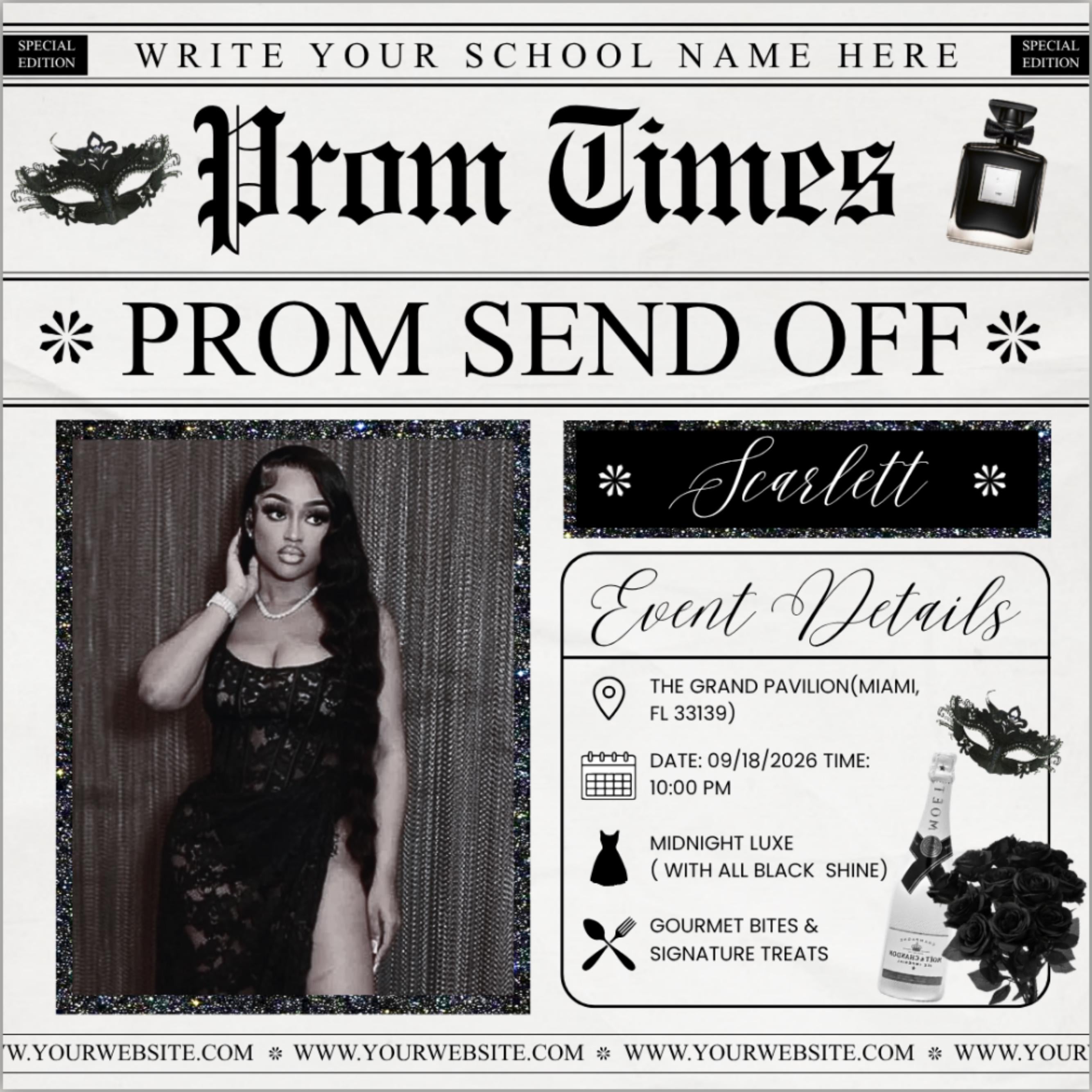 Newspaper Theme Prom Send Off Flyer For Queen, Prom Vote Flyer, Black & White Prom Send Off, Prom Campaign Flyer, Prom Event, Canva Editable