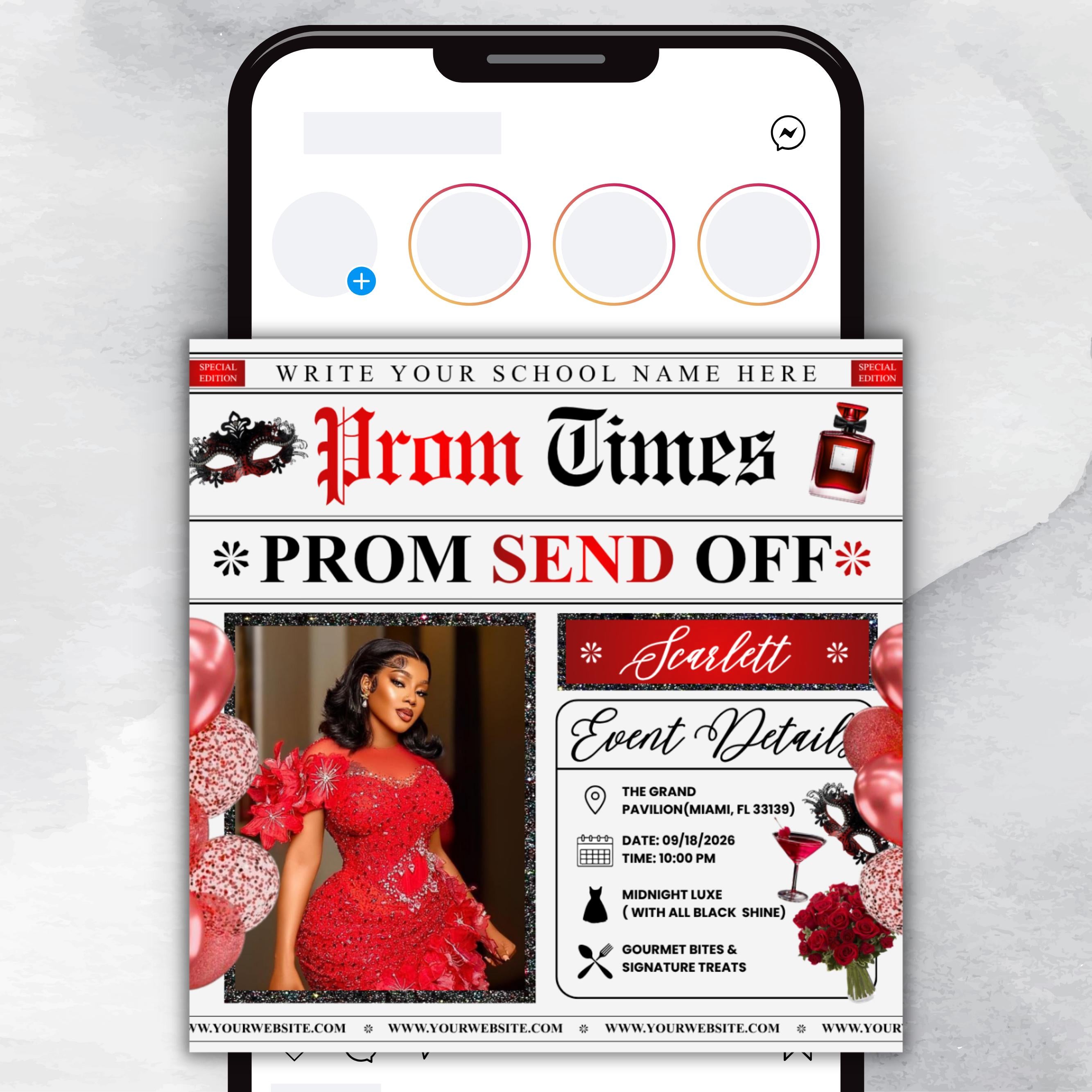 Newspaper Theme Prom Send Off Flyer For Queen, Prom Vote Flyer, Black & Red Prom Send Off, Prom Campaign Flyer, Prom Event, Canva Editable