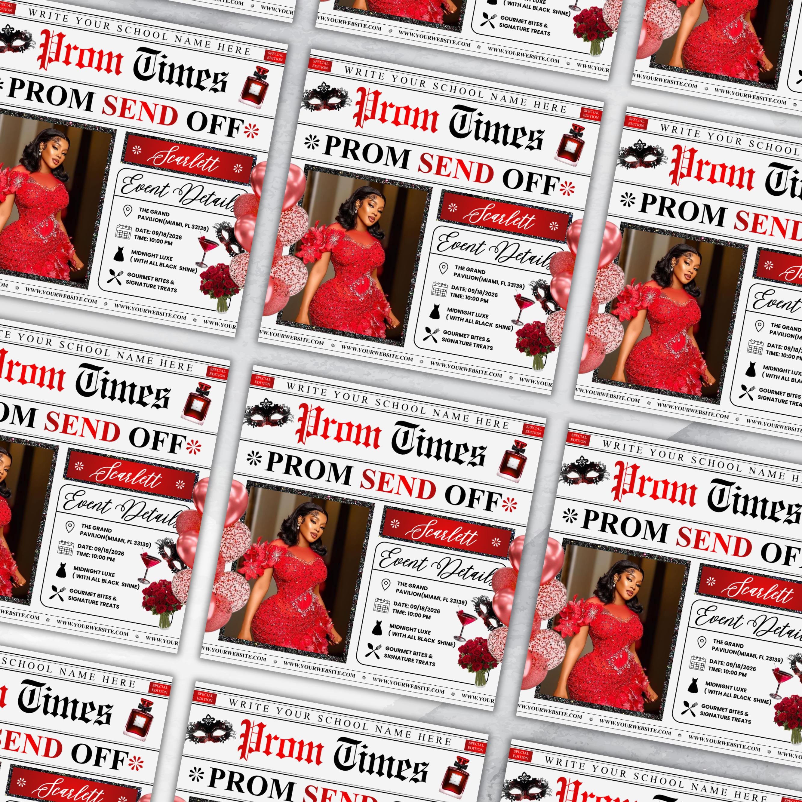 Newspaper Theme Prom Send Off Flyer For Queen, Prom Vote Flyer, Black & Red Prom Send Off, Prom Campaign Flyer, Prom Event, Canva Editable