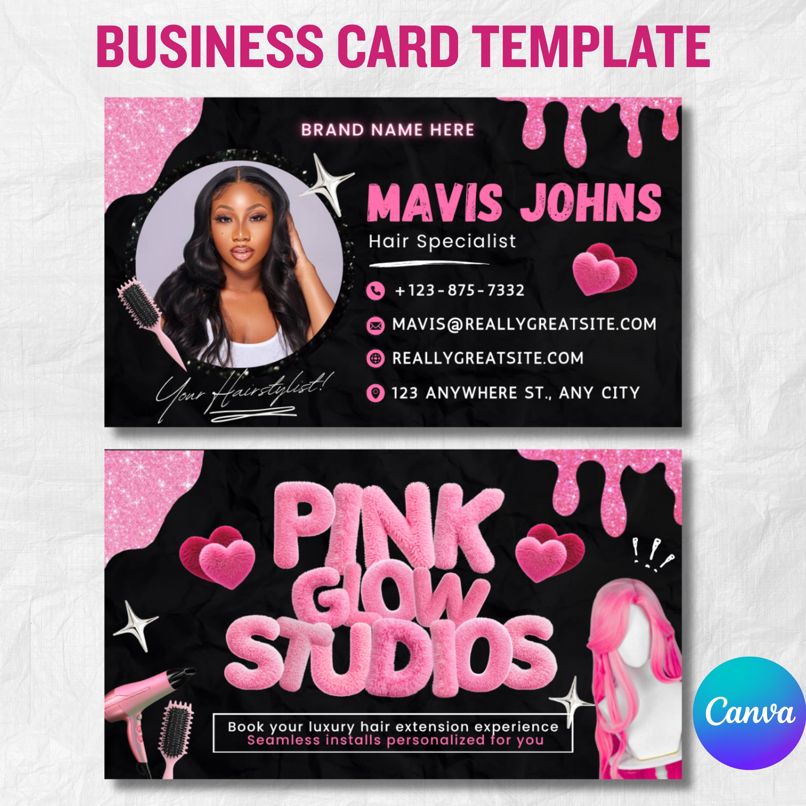 Black And Pink Business Card Template, Hair Stylist Business Card, Business Card Design For Lash, Nail Tech, Braids, Wigs, Canva Template