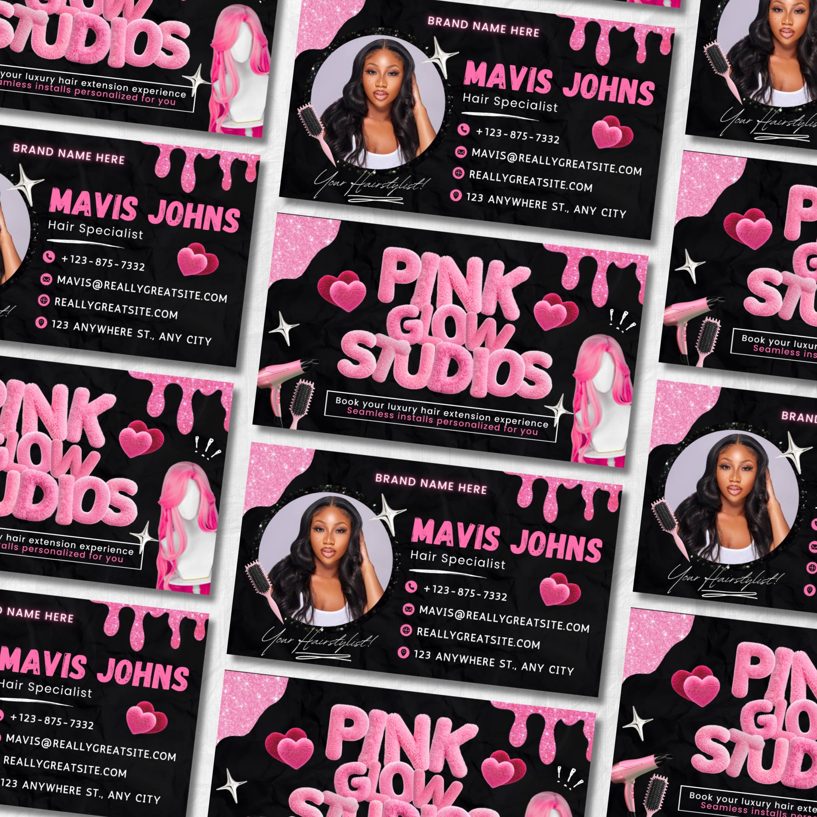 Black And Pink Business Card Template, Hair Stylist Business Card, Business Card Design For Lash, Nail Tech, Braids, Wigs, Canva Template