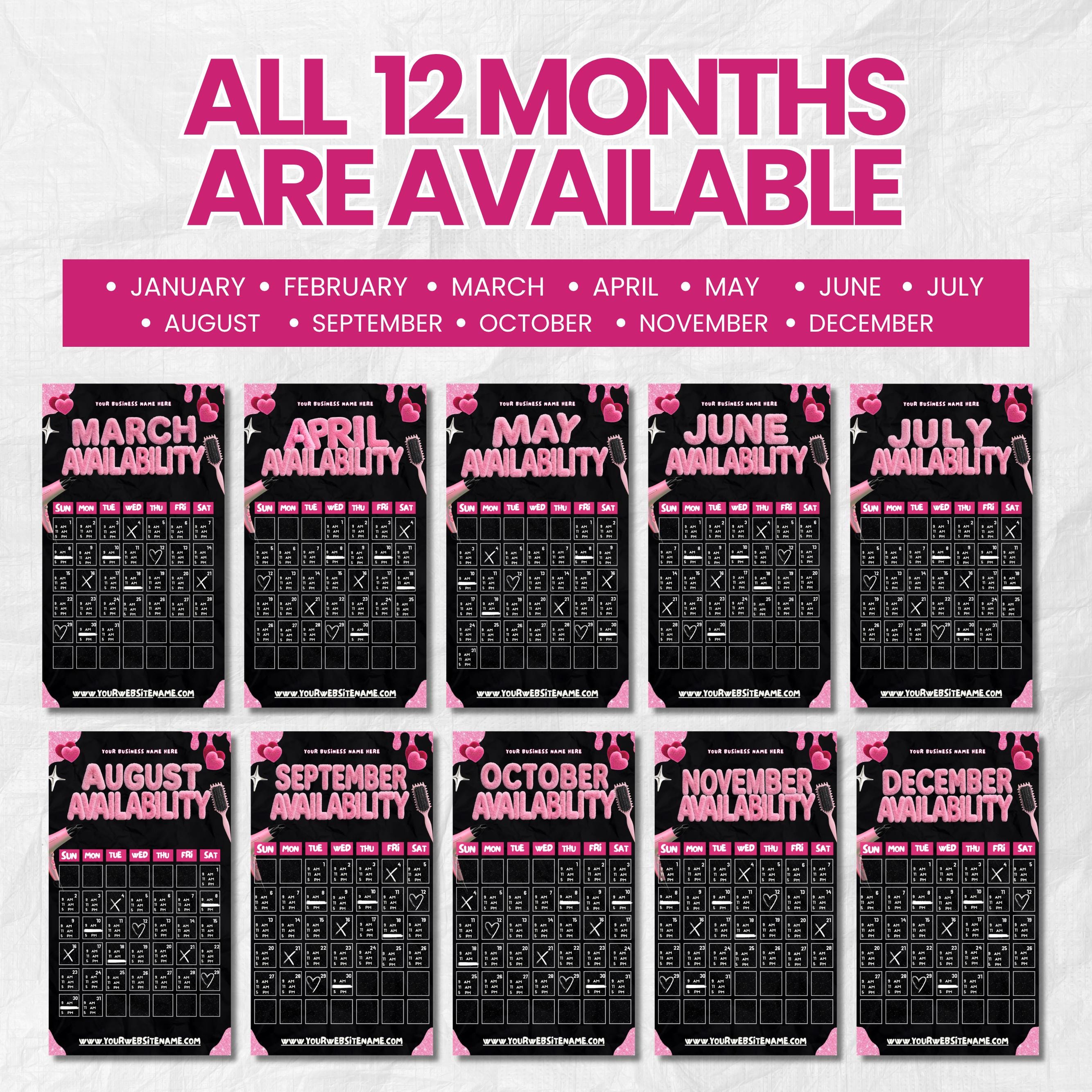 Black & Pink Monthly Availability Calendar Instagram Story,Instagram Story Schedule Template,Available Appointments Calendar,Canva Editable