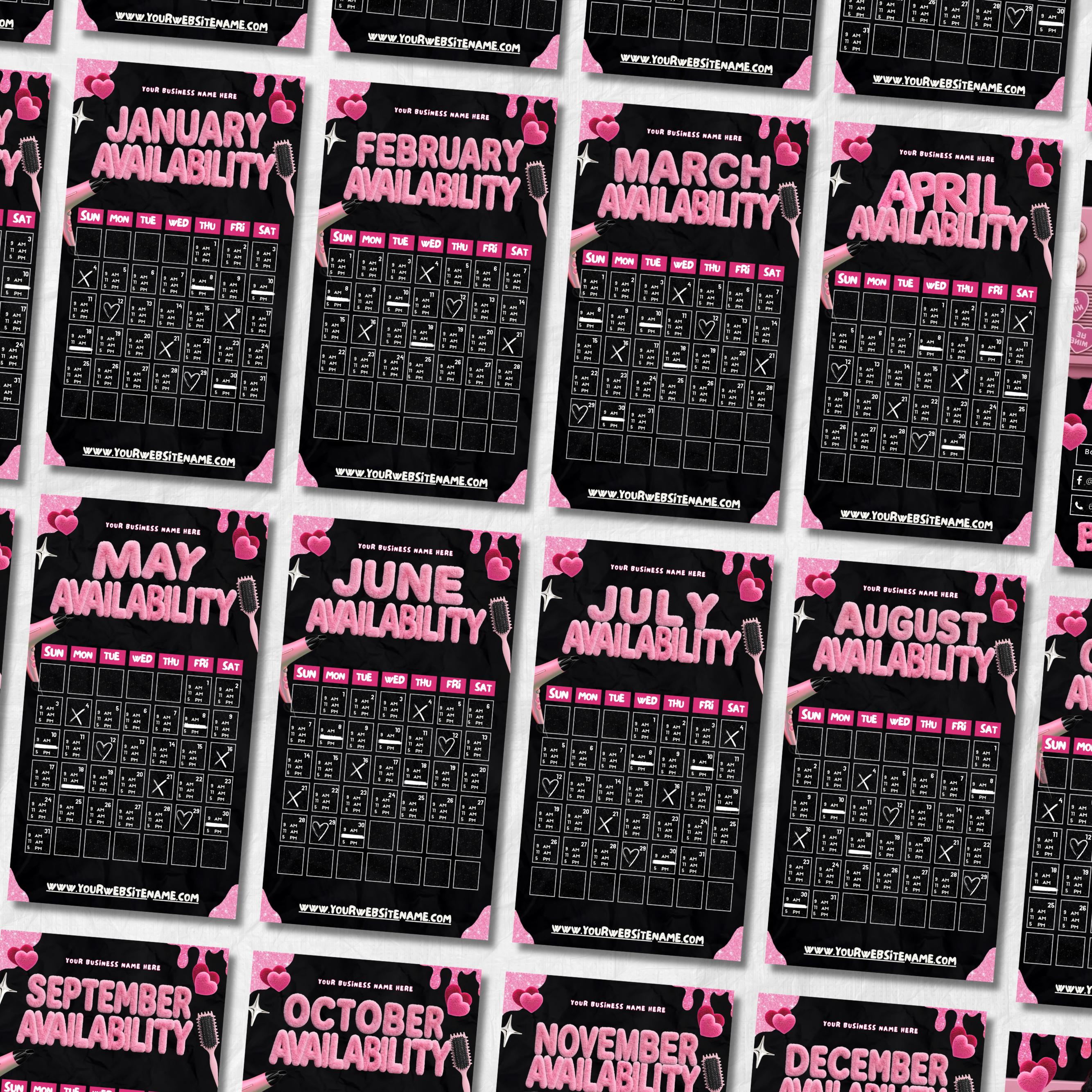 Black & Pink Monthly Availability Calendar Instagram Story,Instagram Story Schedule Template,Available Appointments Calendar,Canva Editable