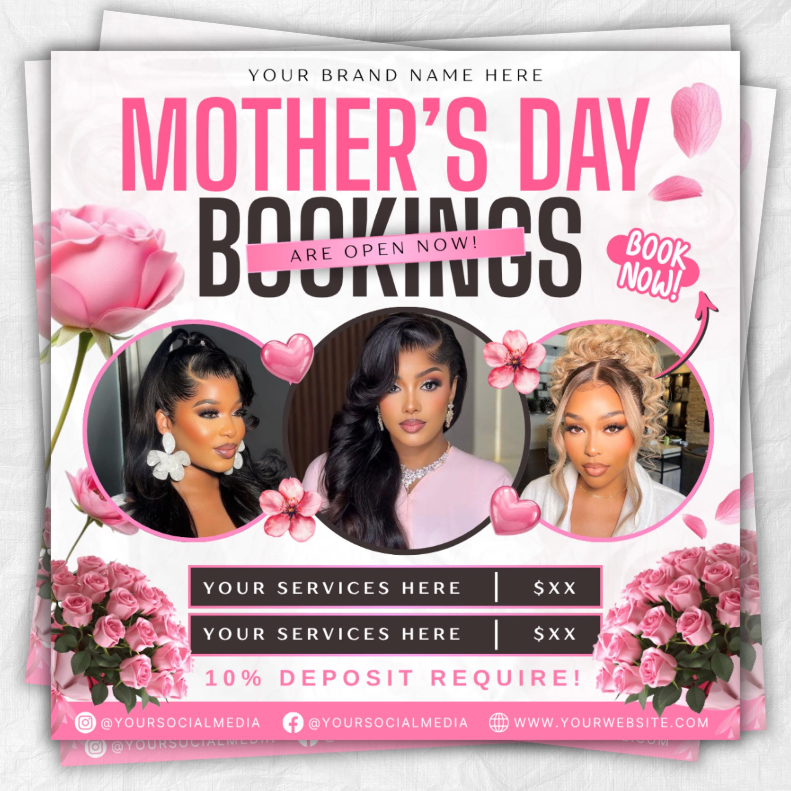 Mothers Day Booking Flyer, May Book Now Flyer, Mothers Day Special, May Appointments For Hair, Nails, Makeup, Lashes & Braids Canva Editable