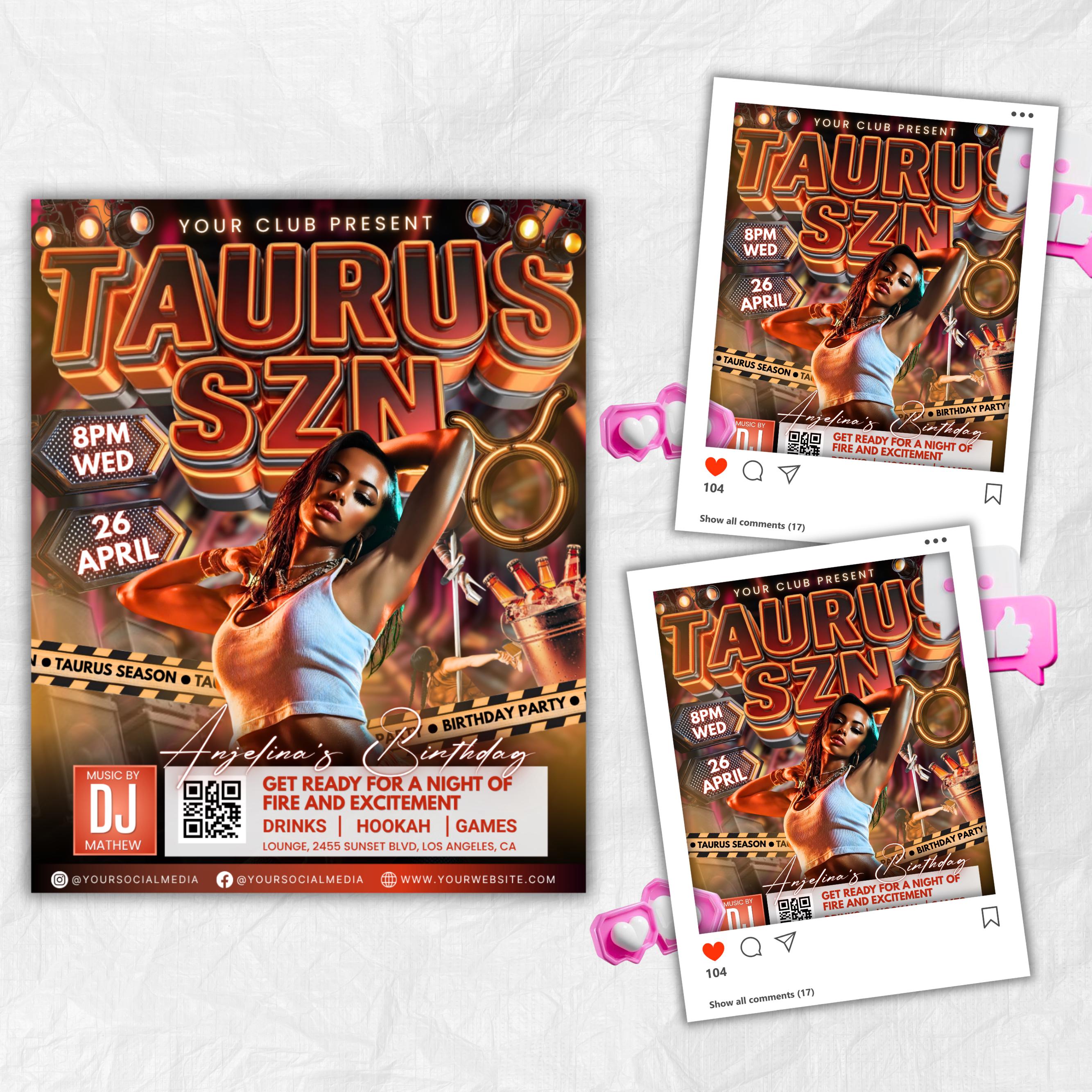 Taurus Season Party Flyer, Birthday Szn Flyer, Taurus Invitation Flyer Taurus Birthday Event, Social Media Flyer, Premade Flyer Template