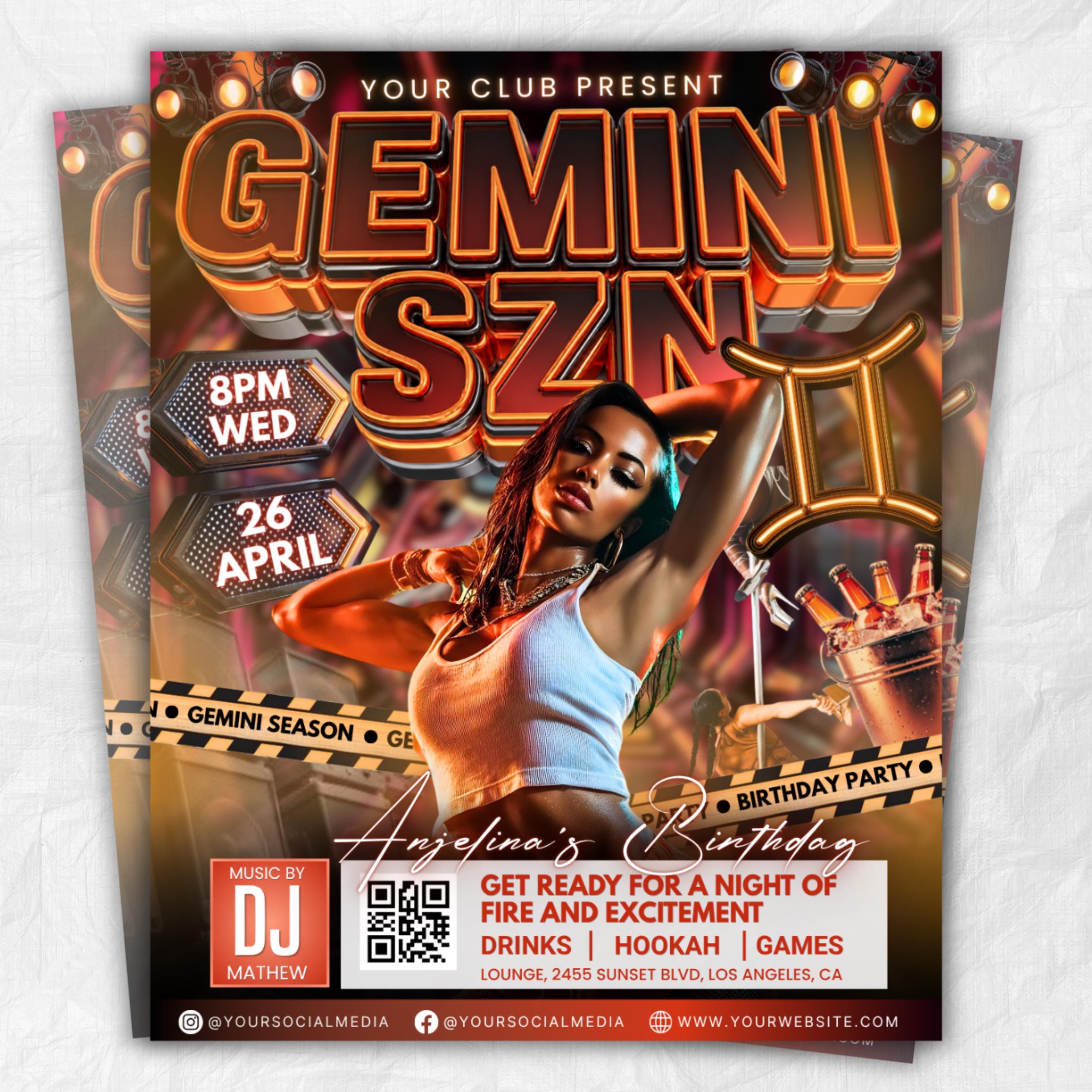 Gemini Season Party Flyer, Birthday Szn Flyer, Gemini Invitation Flyer, Gemini Birthday Event, Social Media Flyer, Premade Flyer Template