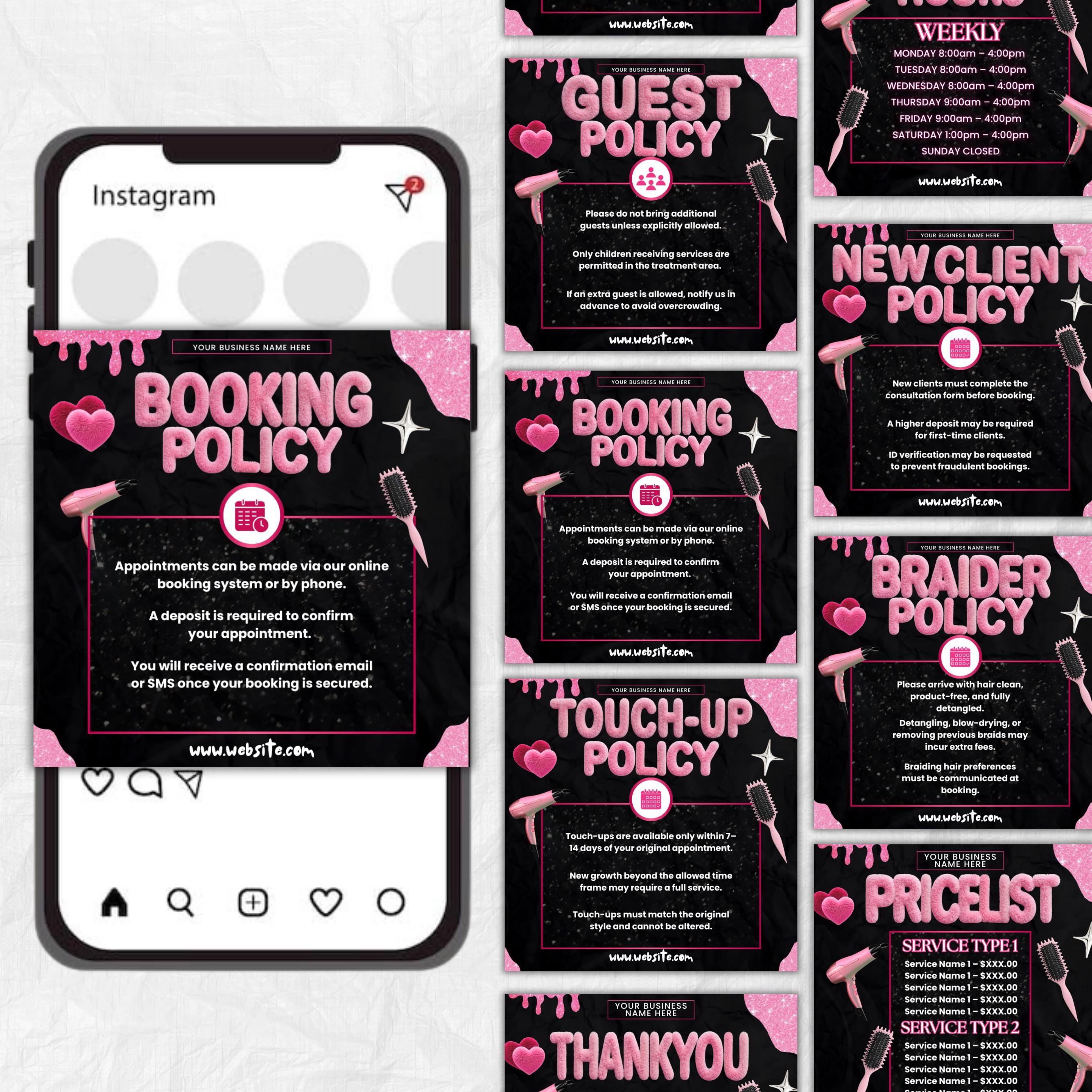 35+ Booking Policy Templates, Editable Booking Policies For Instagram Story, Canva Booking Policy For Lash, Nail, Hair, Cancellation Policy