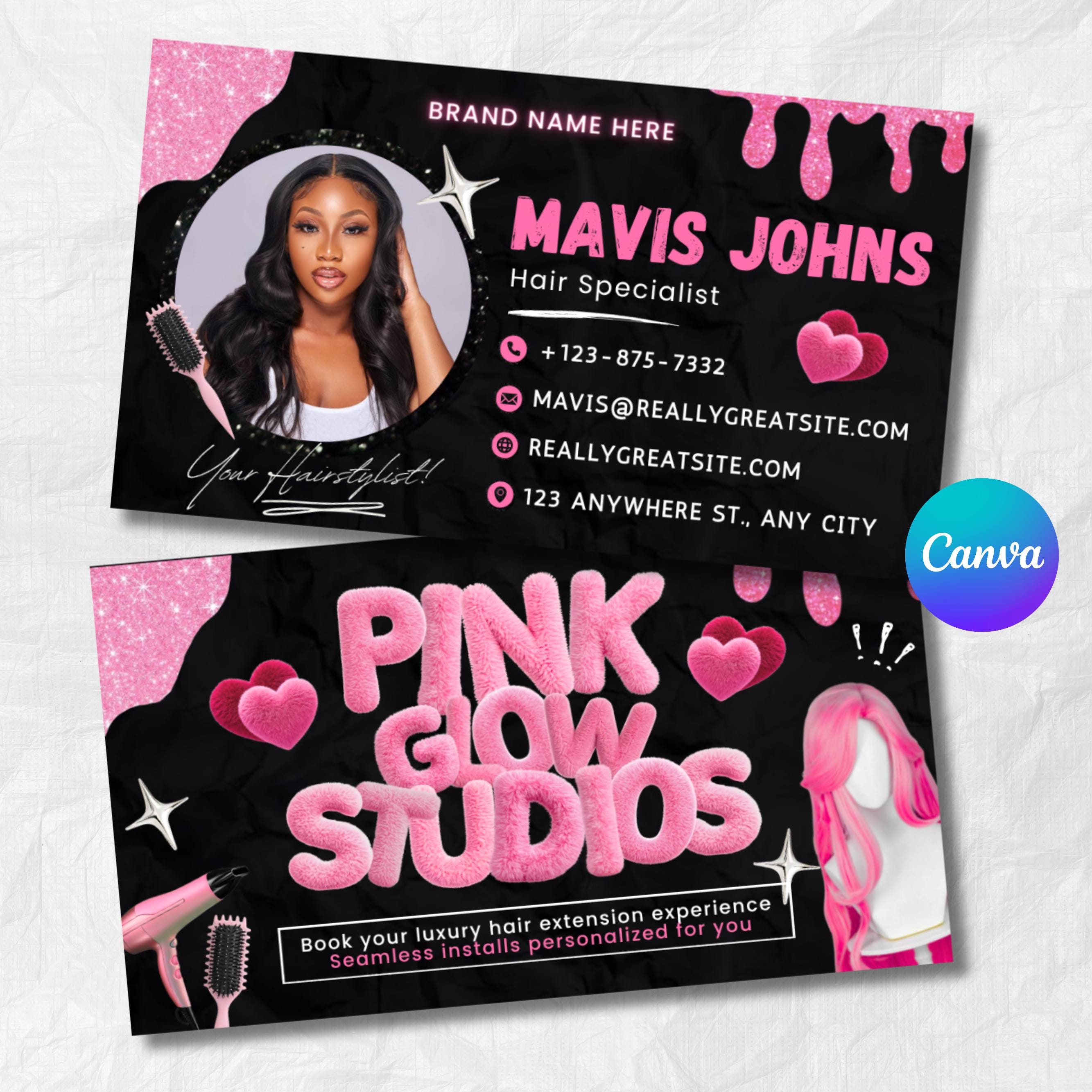 Black And Pink Business Card Template, Hair Stylist Business Card, Business Card Design For Lash, Nail Tech, Braids, Wigs, Canva Template