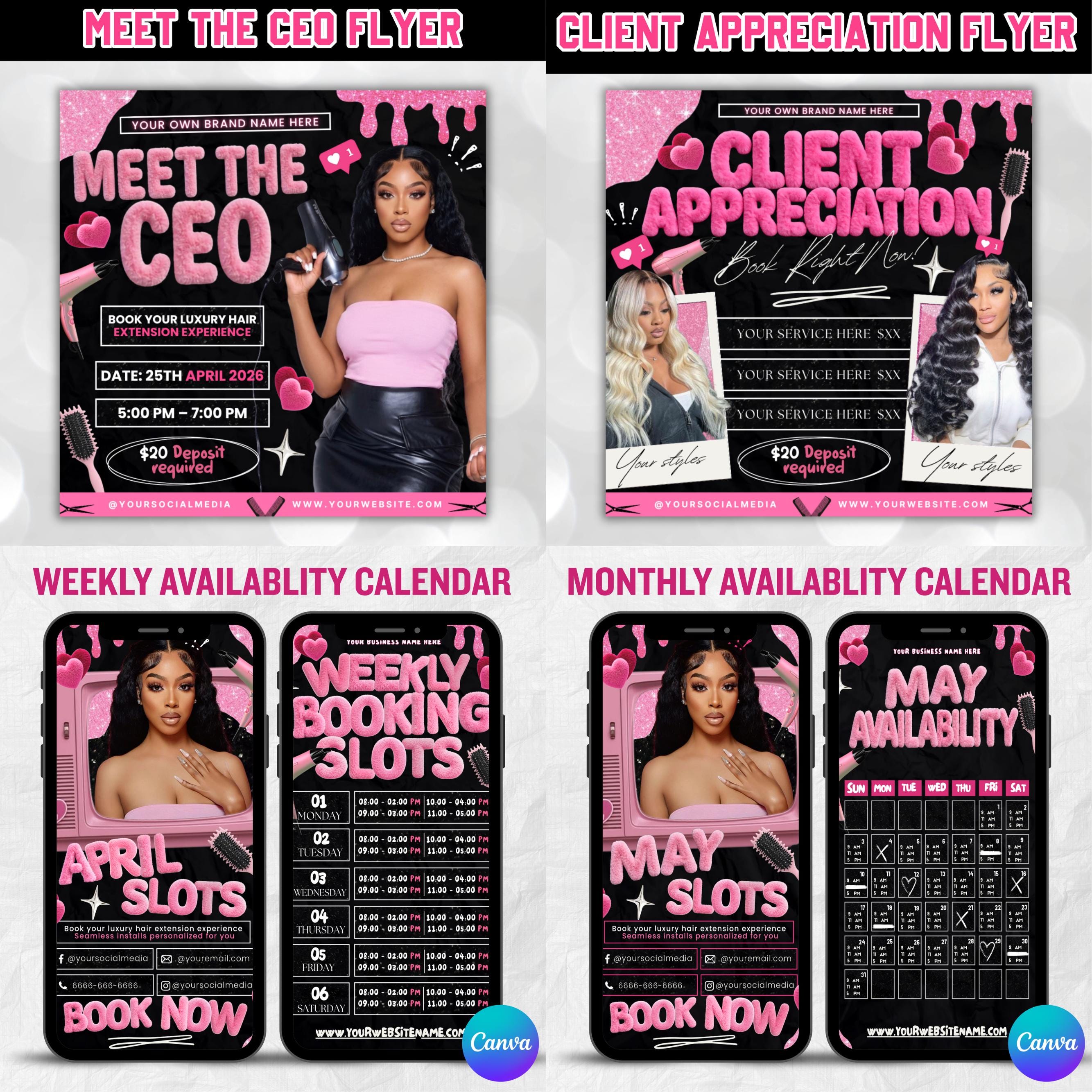 Black And Pink Hair Branding Kit, Acuity Scheduling Template For Hair Stylists, Lash Techs and MUAs, Canva Editable Hair Marketing Kit