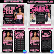 Black And Pink Hair Branding Kit, Editable Booking Policies, Acuity, Booking Flyer Business Cards,Weekly And Monthly Availablity Templates