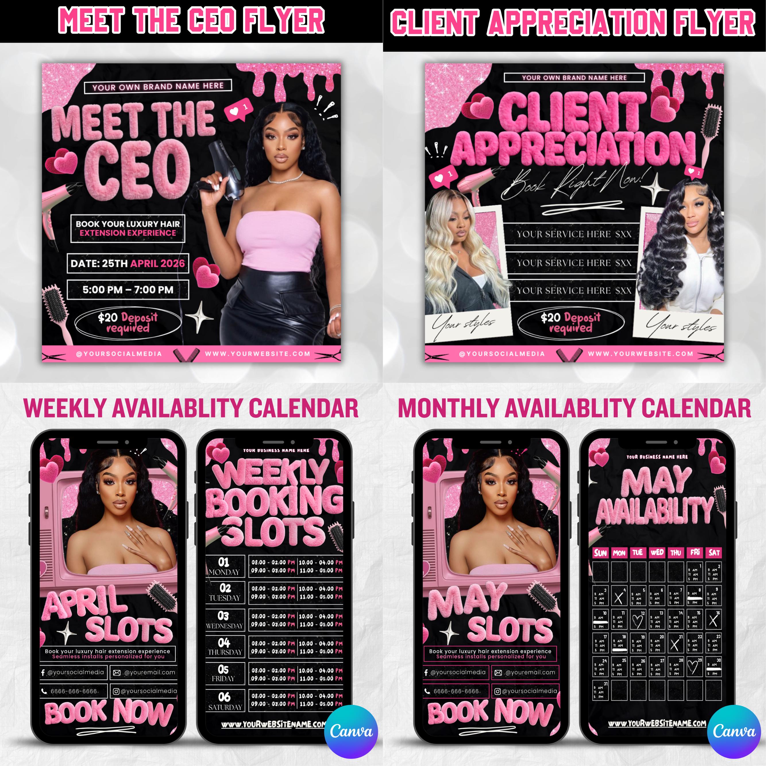 Black And Pink Hair Branding Kit, Editable Booking Policies, Acuity, Booking Flyer Business Cards,Weekly And Monthly Availablity Templates