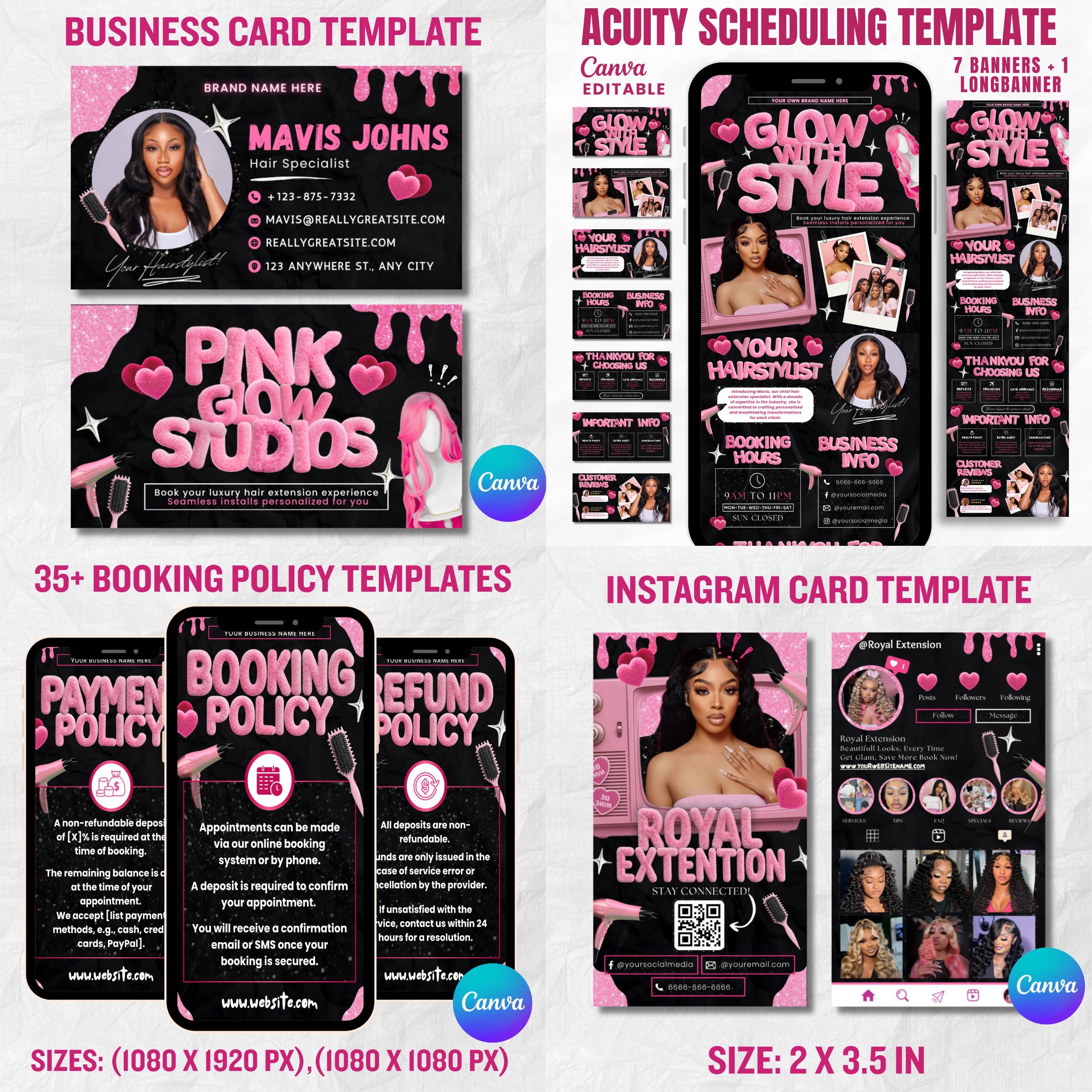 Black And Pink Hair Branding Kit, Acuity Scheduling Template For Hair Stylists, Lash Techs and MUAs, Canva Editable Hair Marketing Kit