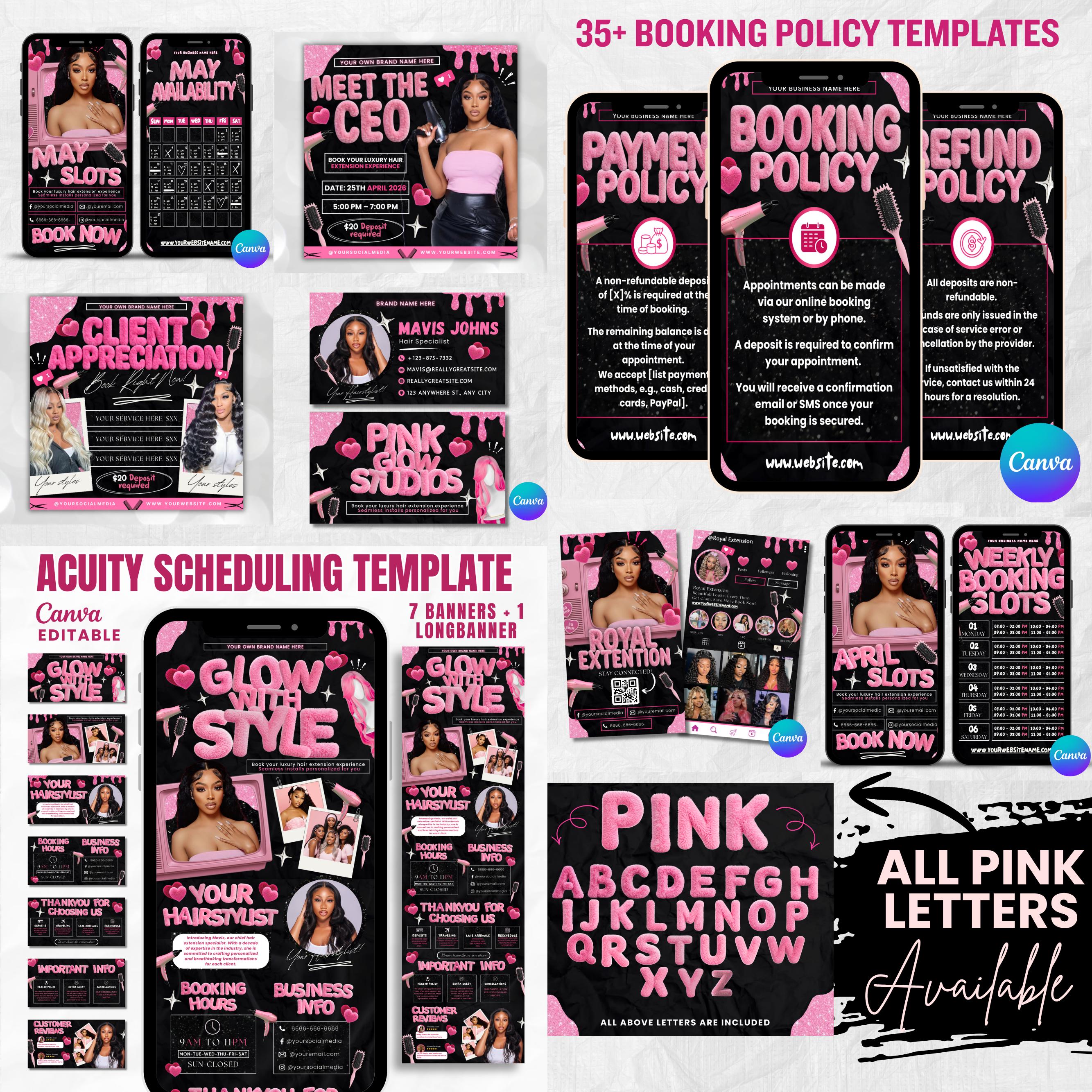 Black And Pink Hair Branding Kit, Editable Booking Policies, Acuity, Booking Flyer Business Cards,Weekly And Monthly Availablity Templates
