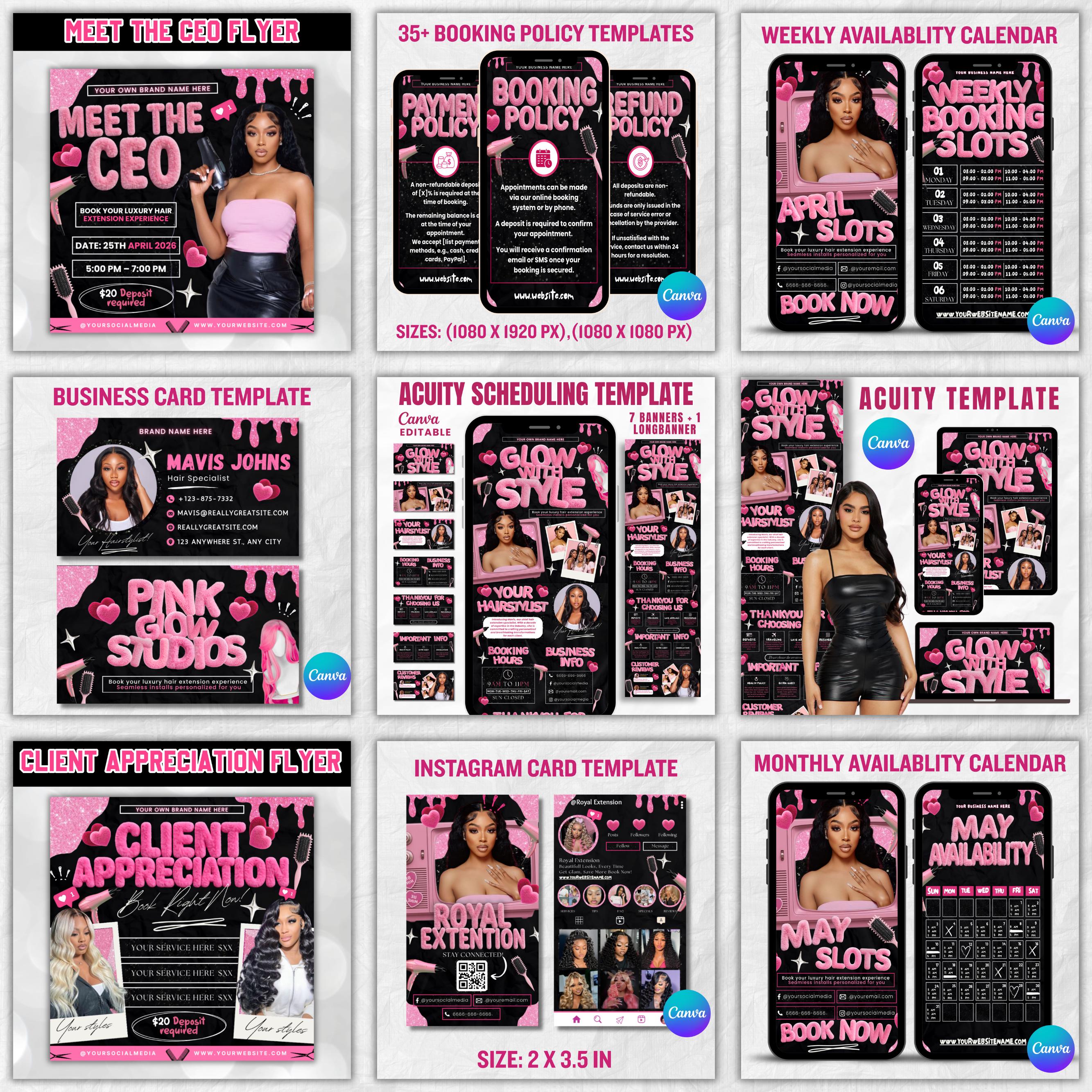 Black And Pink Hair Branding Kit, Editable Booking Policies, Acuity, Booking Flyer Business Cards,Weekly And Monthly Availablity Templates
