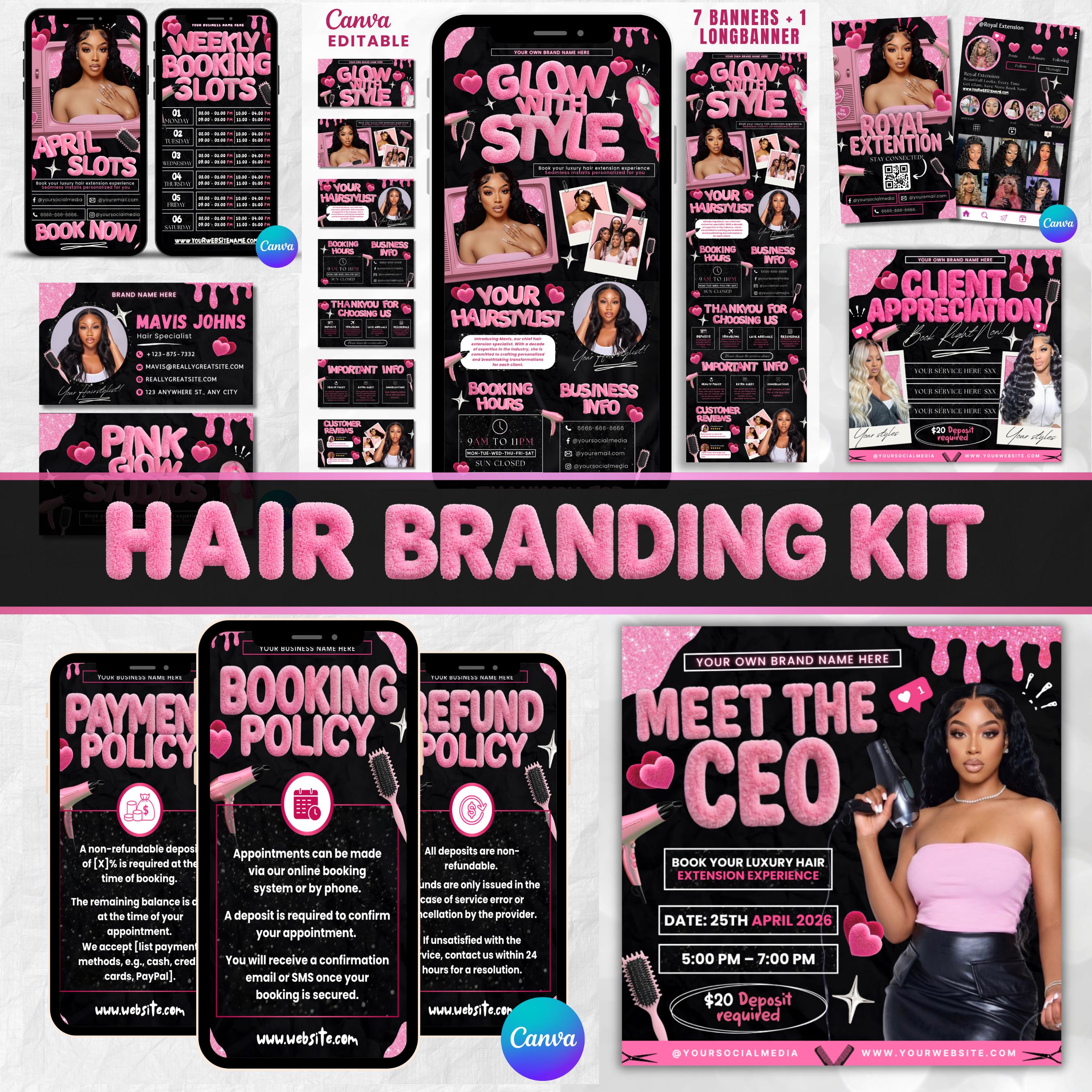 Black And Pink Hair Branding Kit, Acuity Scheduling Template For Hair Stylists, Lash Techs and MUAs, Canva Editable Hair Marketing Kit