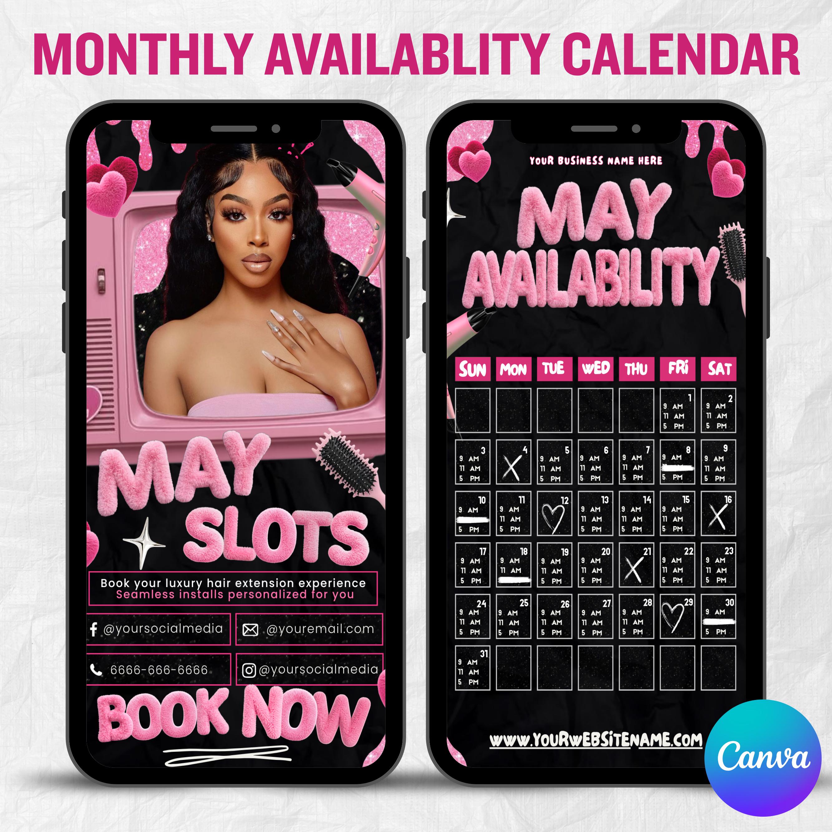 Black & Pink Monthly Availability Calendar Instagram Story,Instagram Story Schedule Template,Available Appointments Calendar,Canva Editable