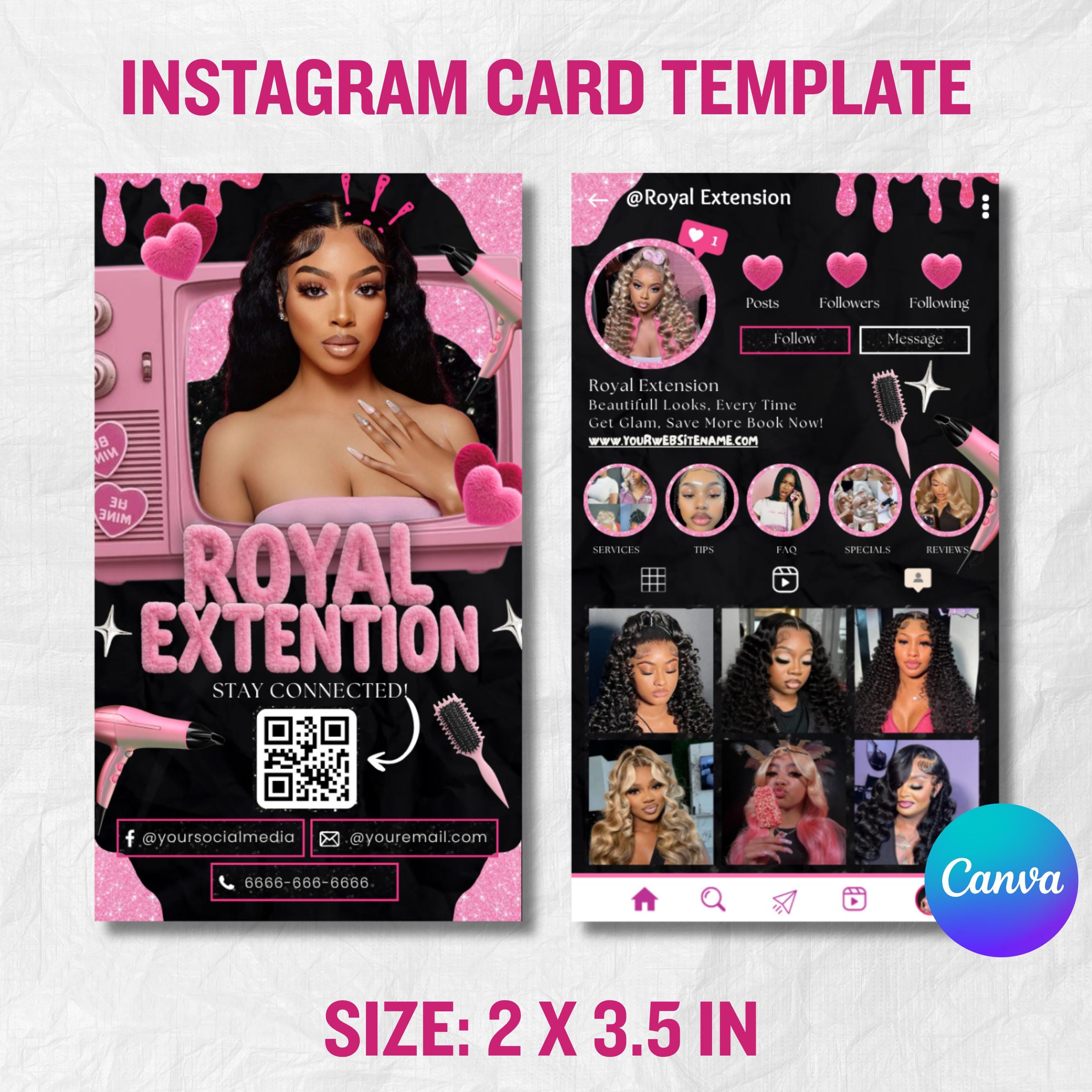 Black And Pink Instagram Business Card Template,Hair Stylist Business Card,Business Card Design For Lash,NailTech,Braids,Wigs,Canva Template