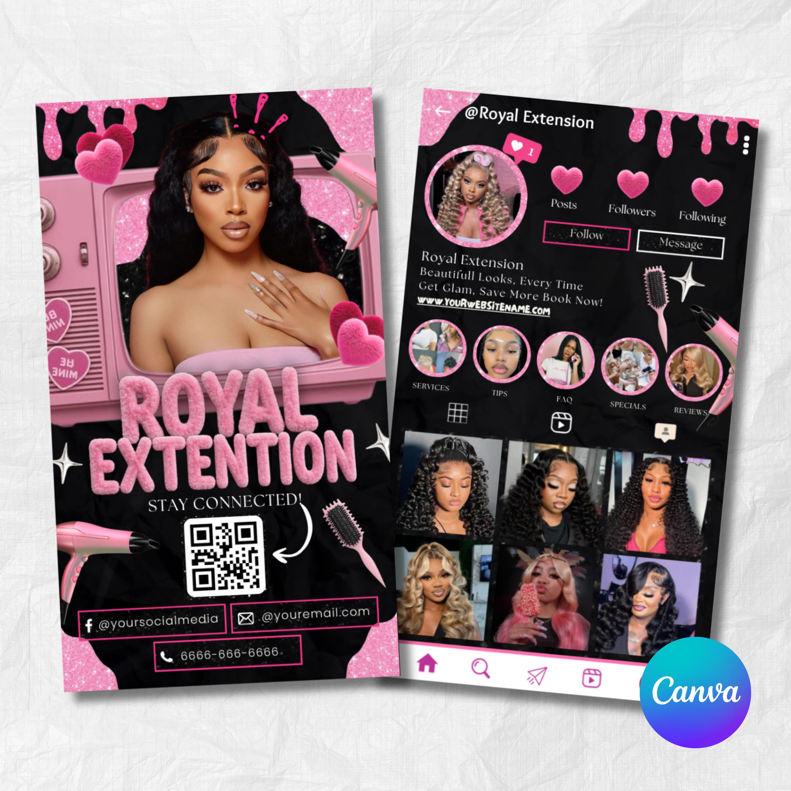 Black And Pink Instagram Business Card Template,Hair Stylist Business Card,Business Card Design For Lash,NailTech,Braids,Wigs,Canva Template