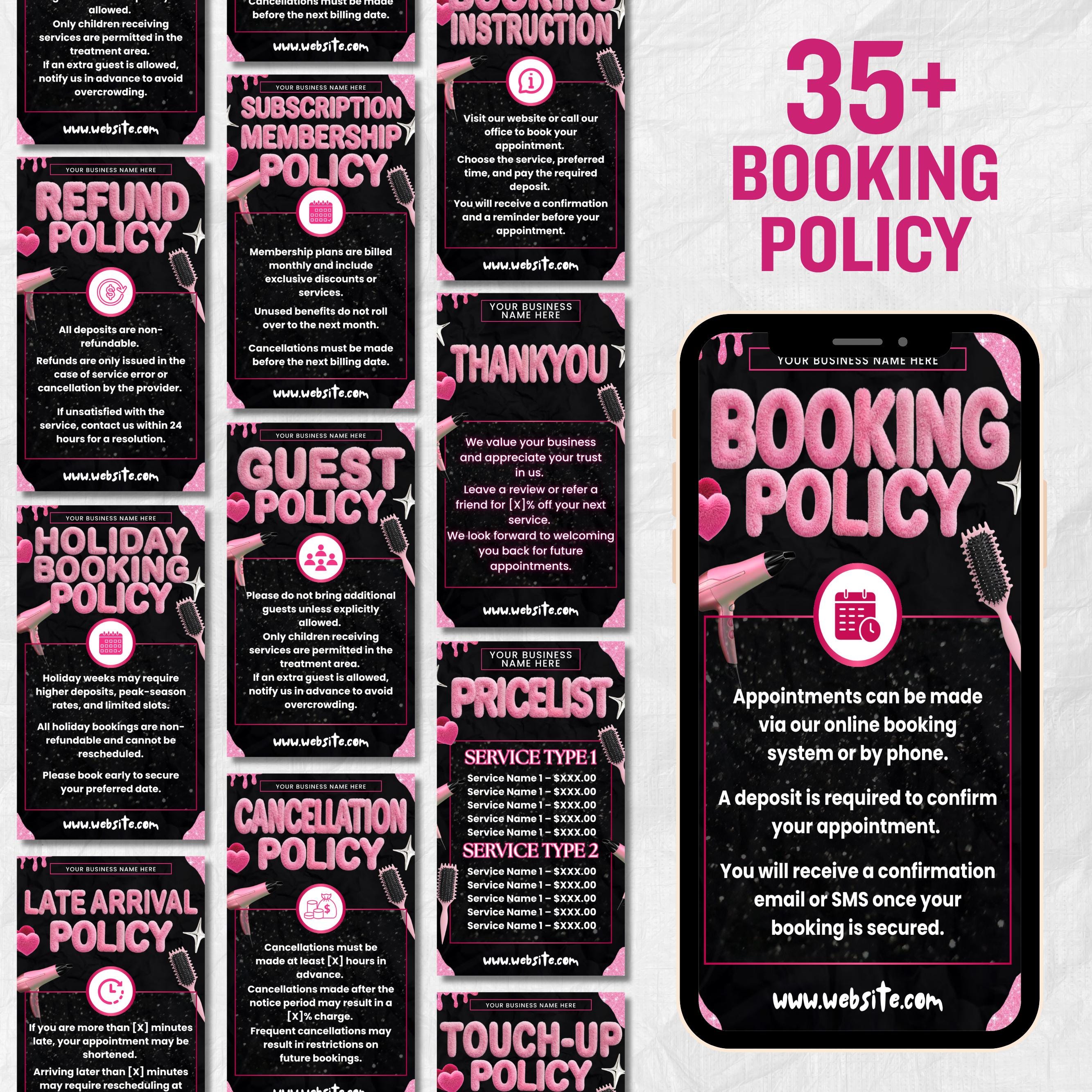 35+ Booking Policy Templates, Editable Booking Policies For Instagram Story, Canva Booking Policy For Lash, Nail, Hair, Cancellation Policy