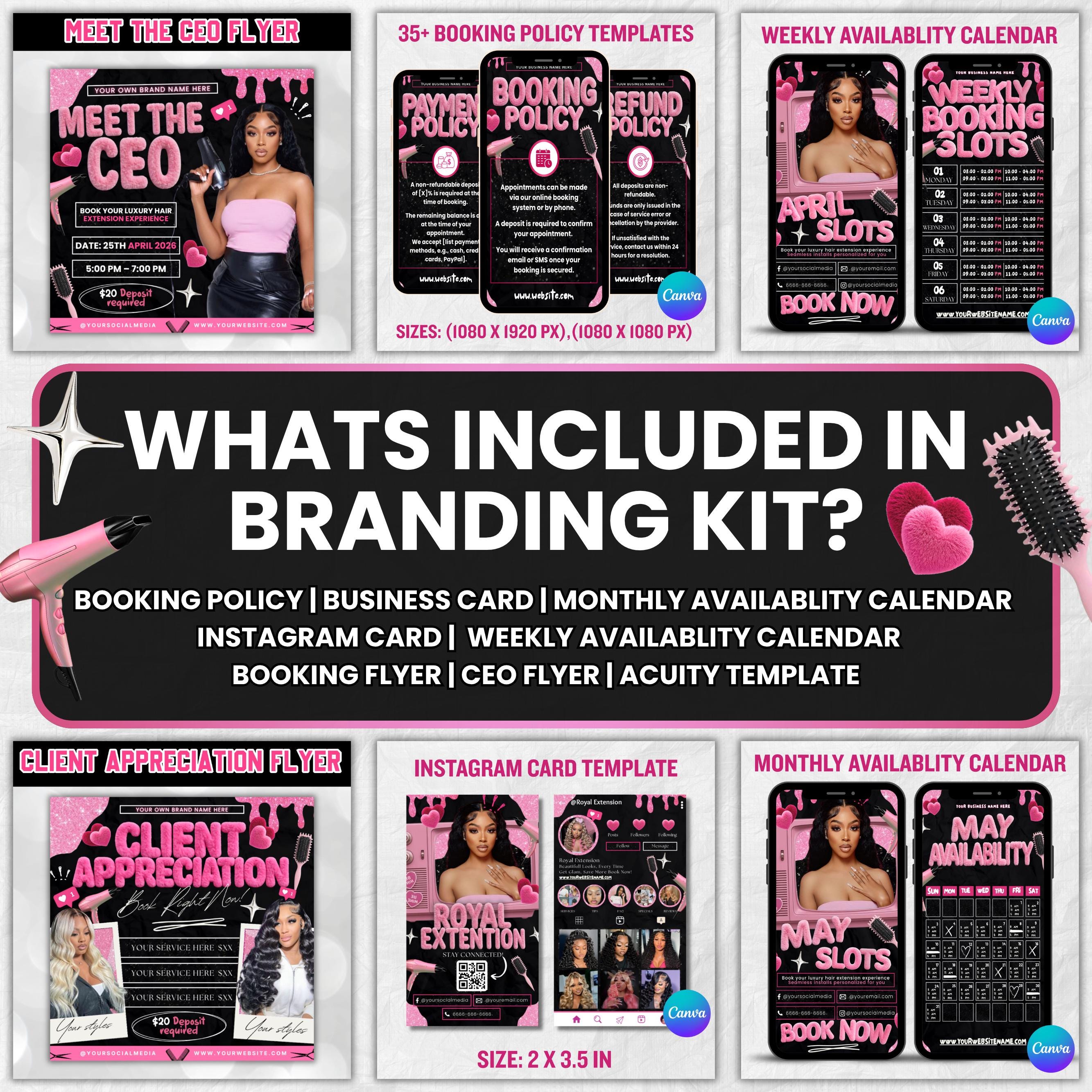 Black And Pink Hair Branding Kit, Acuity Scheduling Template For Hair Stylists, Lash Techs and MUAs, Canva Editable Hair Marketing Kit