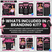 Black And Pink Hair Branding Kit, Editable Booking Policies, Acuity, Booking Flyer Business Cards,Weekly And Monthly Availablity Templates