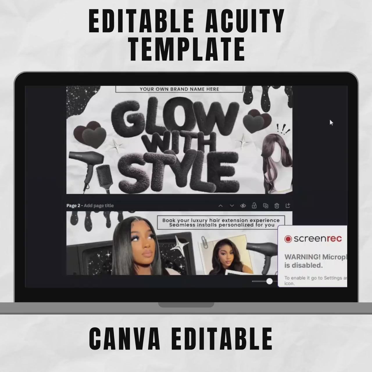 Black and White Acuity Scheduling Template for Hair Stylists, Lash Techs and MUAs